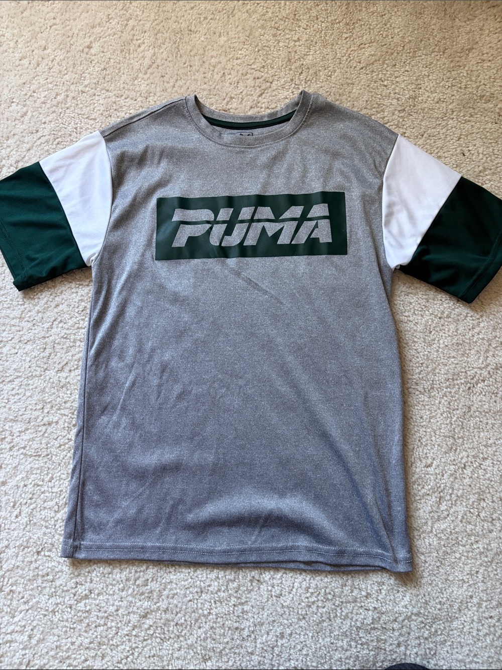 Puma Grey Tee with Green and White Sleeve Panels